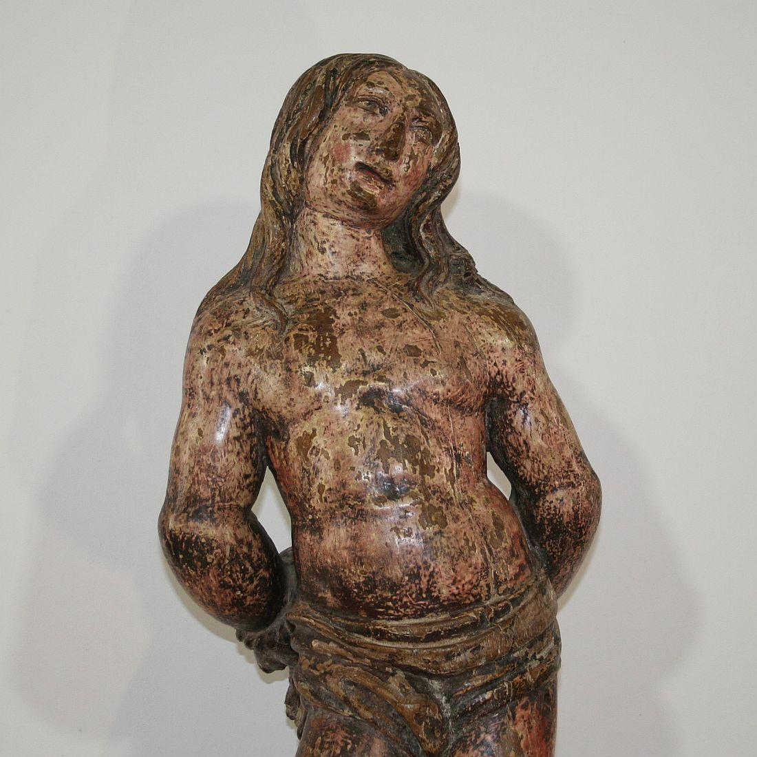 French 16th-17th Century Painted Wooden Statue of Saint Sebastian 6