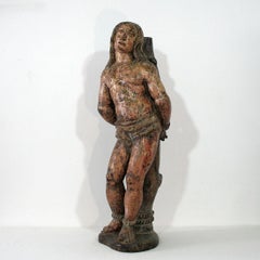 French 16th-17th Century Painted Wooden Statue of Saint Sebastian