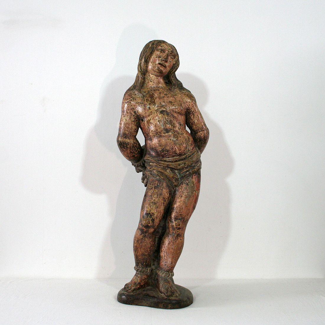 Hand-Painted French 16th-17th Century Painted Wooden Statue of Saint Sebastian