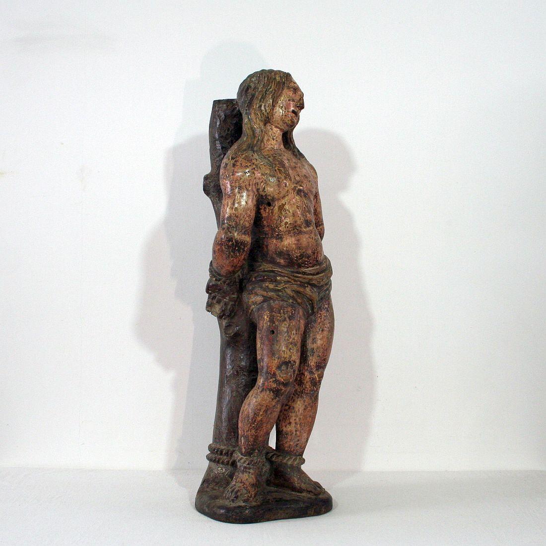 French 16th-17th Century Painted Wooden Statue of Saint Sebastian 2