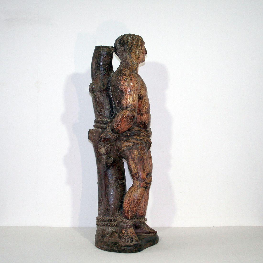 French 16th-17th Century Painted Wooden Statue of Saint Sebastian 3