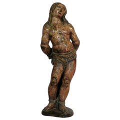 French 16th-17th Century Painted Wooden Statue of Saint Sebastian