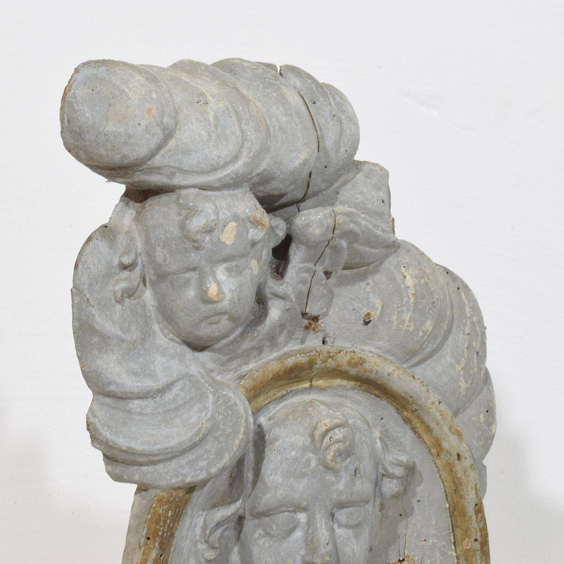 French 17/ 18th Century Carved Wooden Baroque Panel Depicting A Saint And Angels For Sale 5