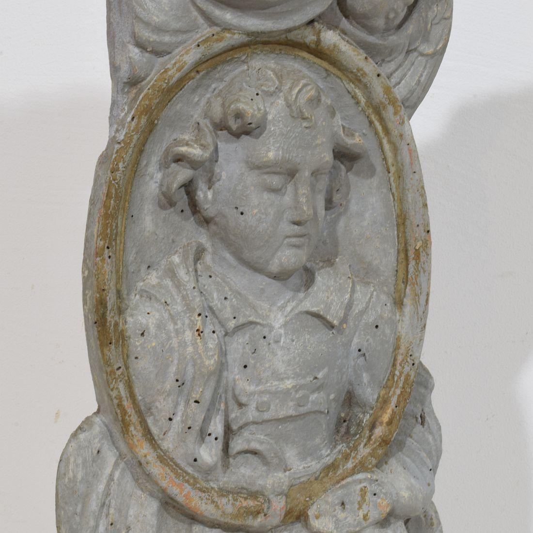 French 17/ 18th Century Carved Wooden Baroque Panel Depicting A Saint And Angels For Sale 5