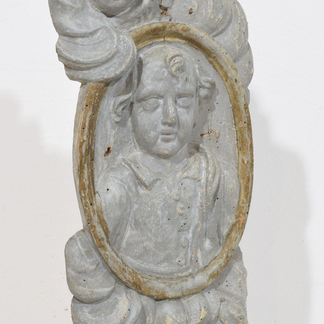 French 17/ 18th Century Carved Wooden Baroque Panel Depicting A Saint And Angels For Sale 6