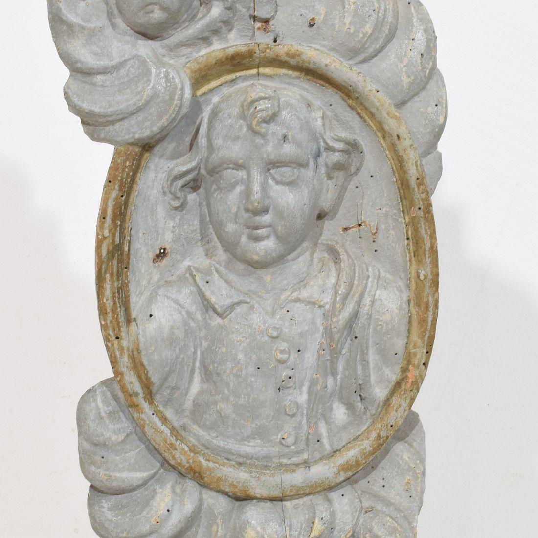 French 17/ 18th Century Carved Wooden Baroque Panel Depicting A Saint And Angels For Sale 7