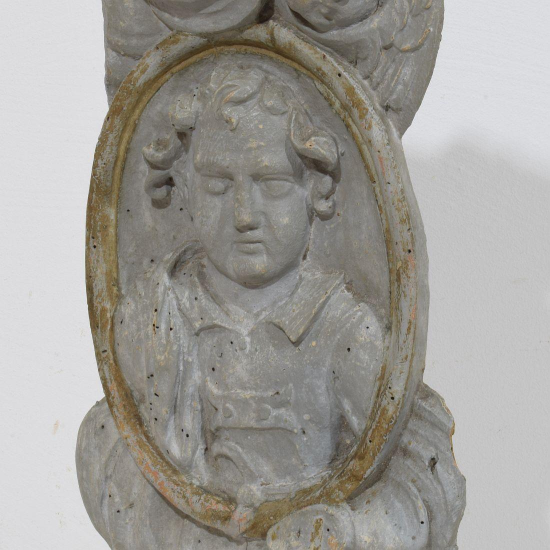 French 17/ 18th Century Carved Wooden Baroque Panel Depicting A Saint And Angels For Sale 7