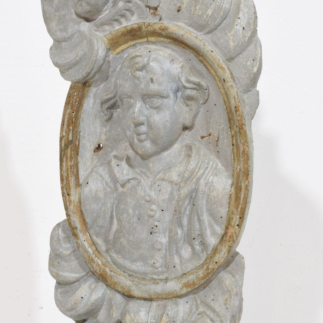 French 17/ 18th Century Carved Wooden Baroque Panel Depicting A Saint And Angels For Sale 8
