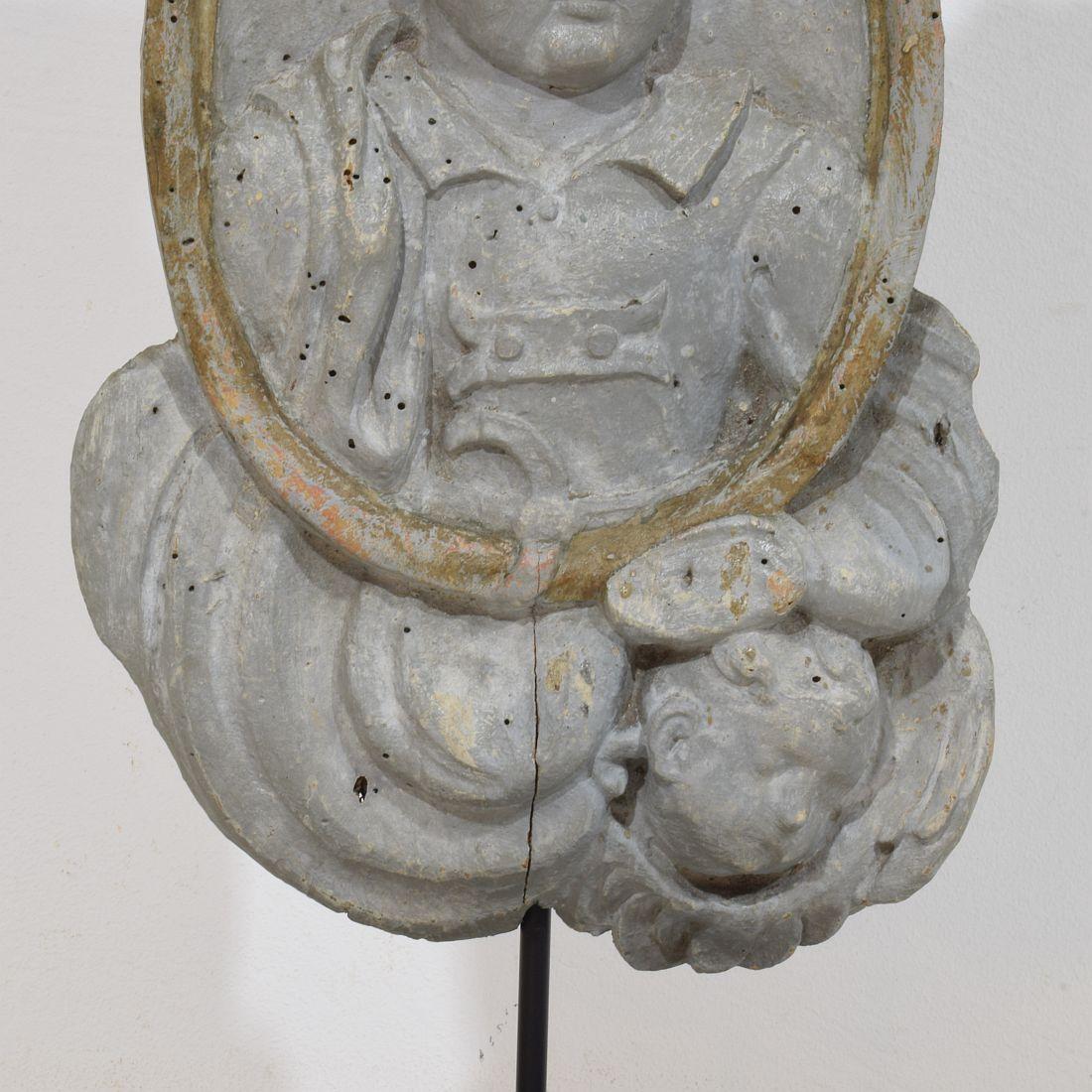 French 17/ 18th Century Carved Wooden Baroque Panel Depicting A Saint And Angels For Sale 8