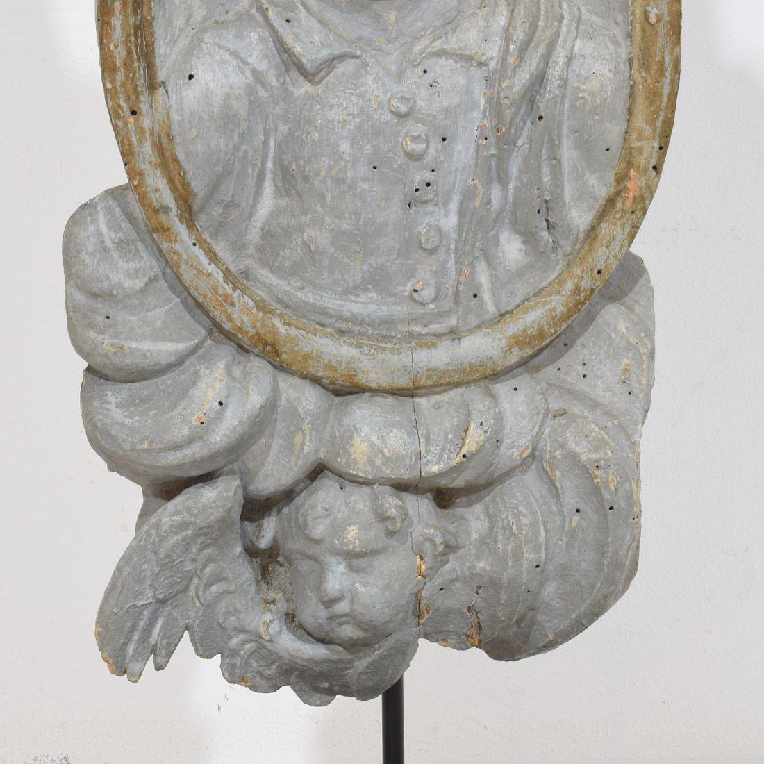 French 17/ 18th Century Carved Wooden Baroque Panel Depicting A Saint And Angels For Sale 9