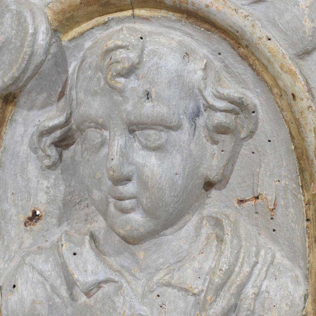 French 17/ 18th Century Carved Wooden Baroque Panel Depicting A Saint And Angels For Sale 10