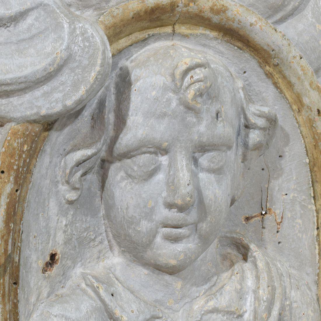 French 17/ 18th Century Carved Wooden Baroque Panel Depicting A Saint And Angels For Sale 11