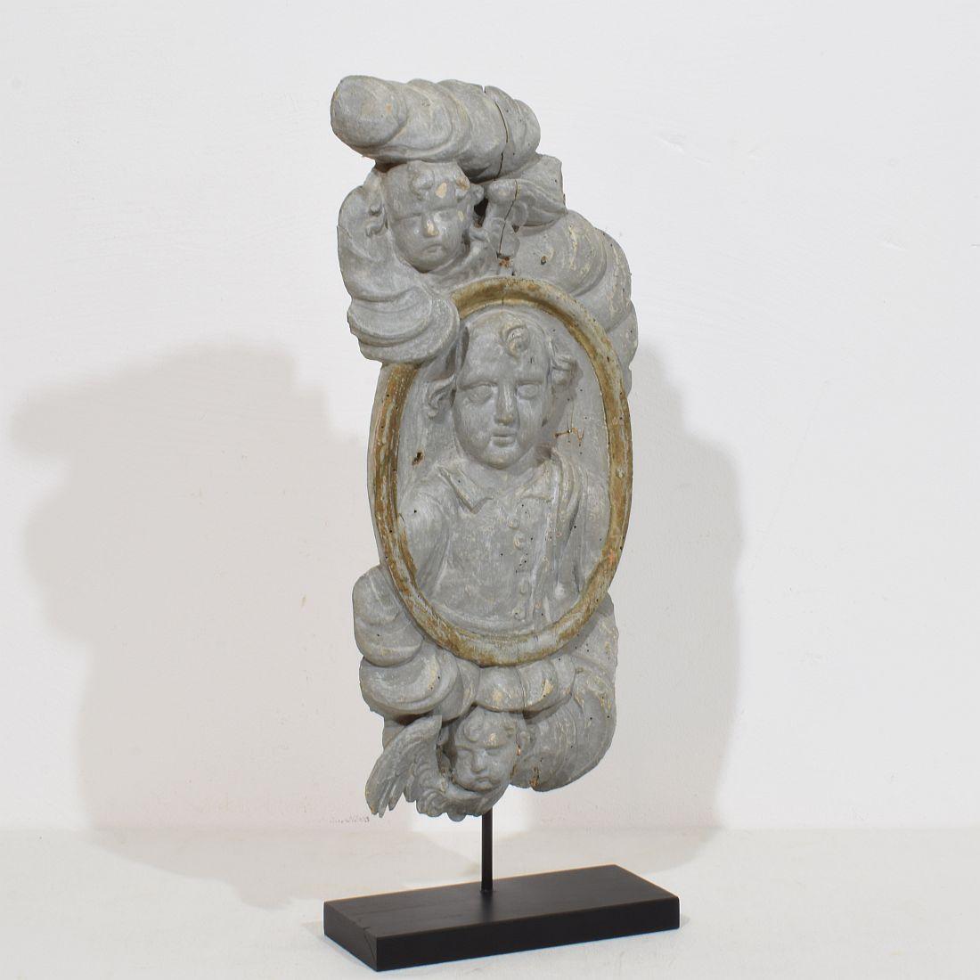 Hand-Carved French 17/ 18th Century Carved Wooden Baroque Panel Depicting A Saint And Angels For Sale