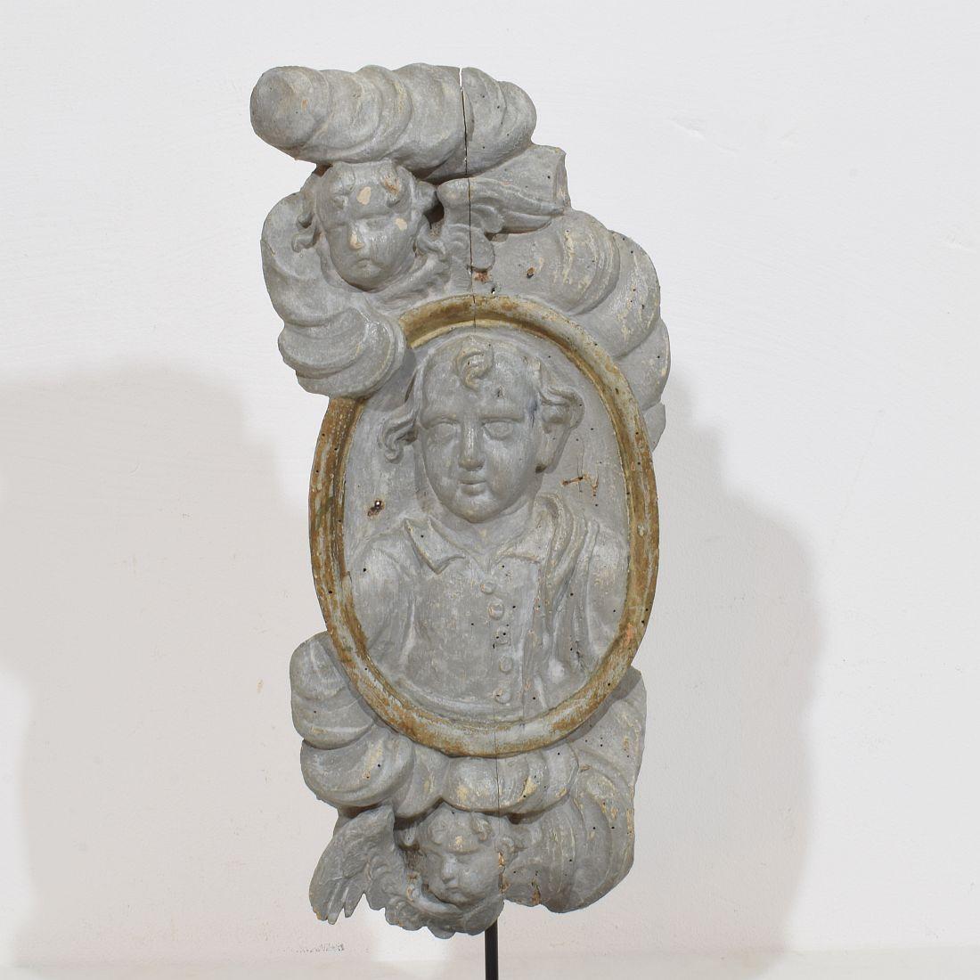 French 17/ 18th Century Carved Wooden Baroque Panel Depicting A Saint And Angels For Sale 2
