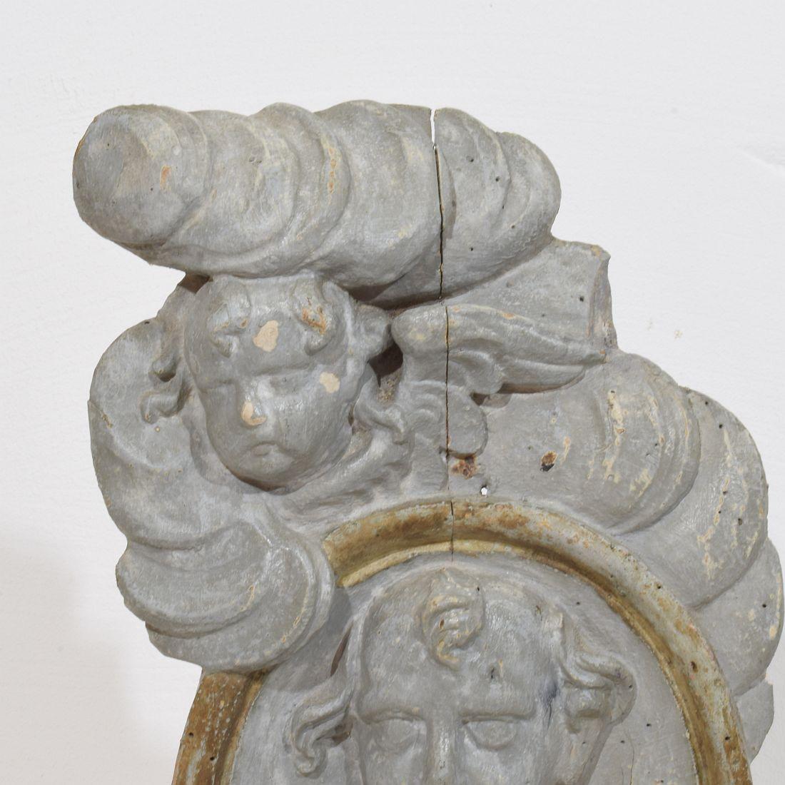 French 17/ 18th Century Carved Wooden Baroque Panel Depicting A Saint And Angels For Sale 3