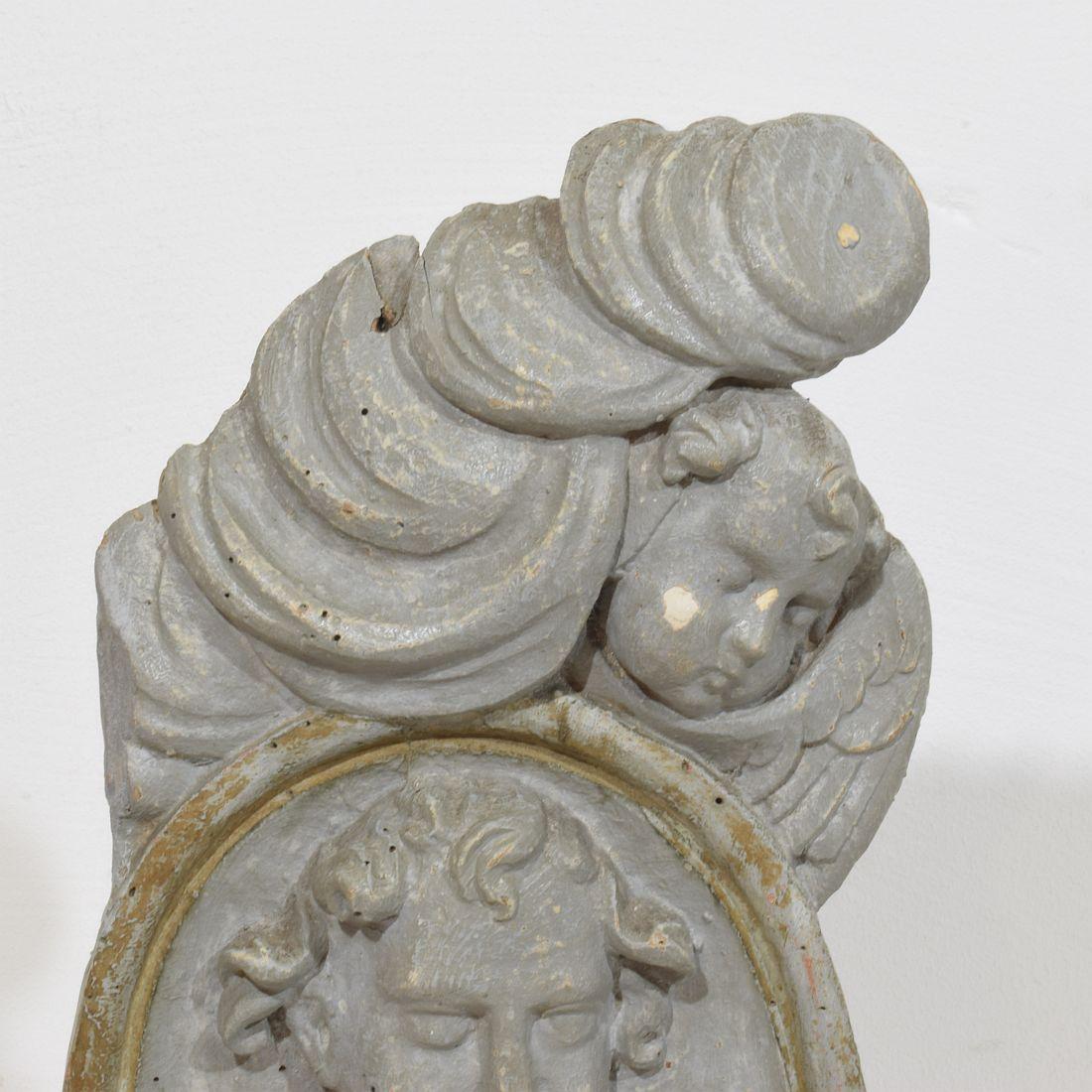 French 17/ 18th Century Carved Wooden Baroque Panel Depicting A Saint And Angels For Sale 3