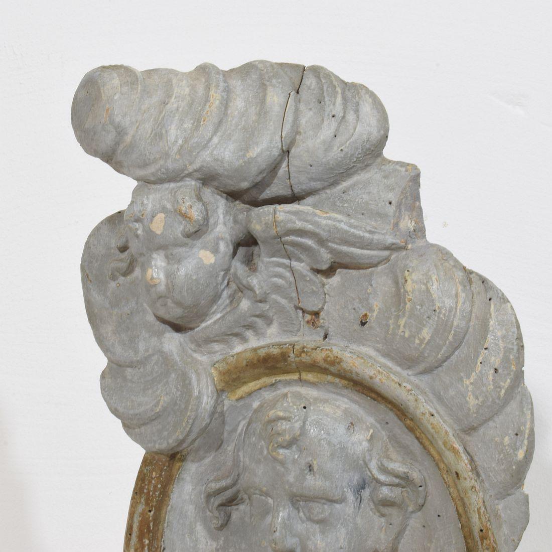 French 17/ 18th Century Carved Wooden Baroque Panel Depicting A Saint And Angels For Sale 4