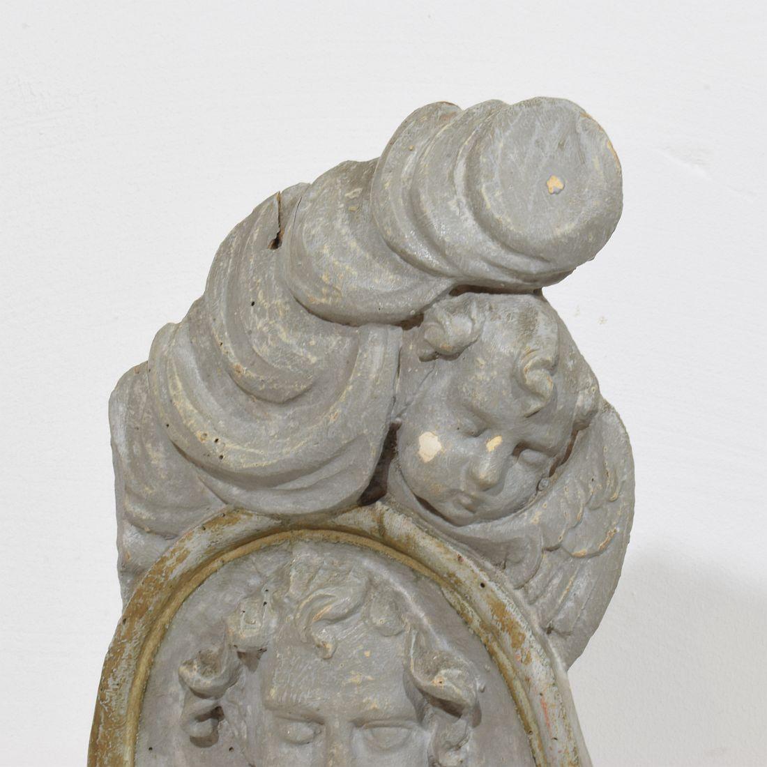French 17/ 18th Century Carved Wooden Baroque Panel Depicting A Saint And Angels For Sale 4