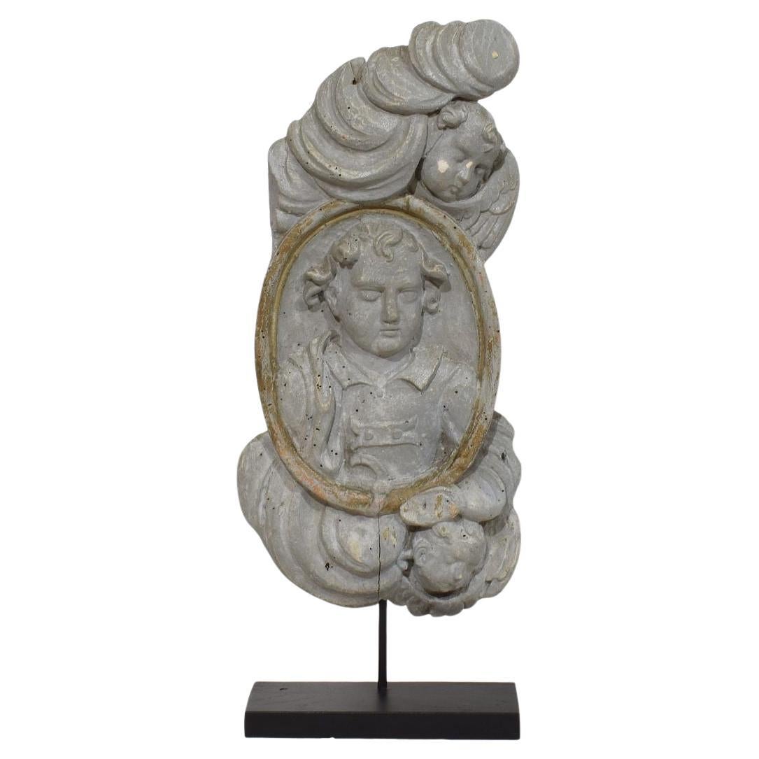 French 17/ 18th Century Carved Wooden Baroque Panel Depicting A Saint And Angels