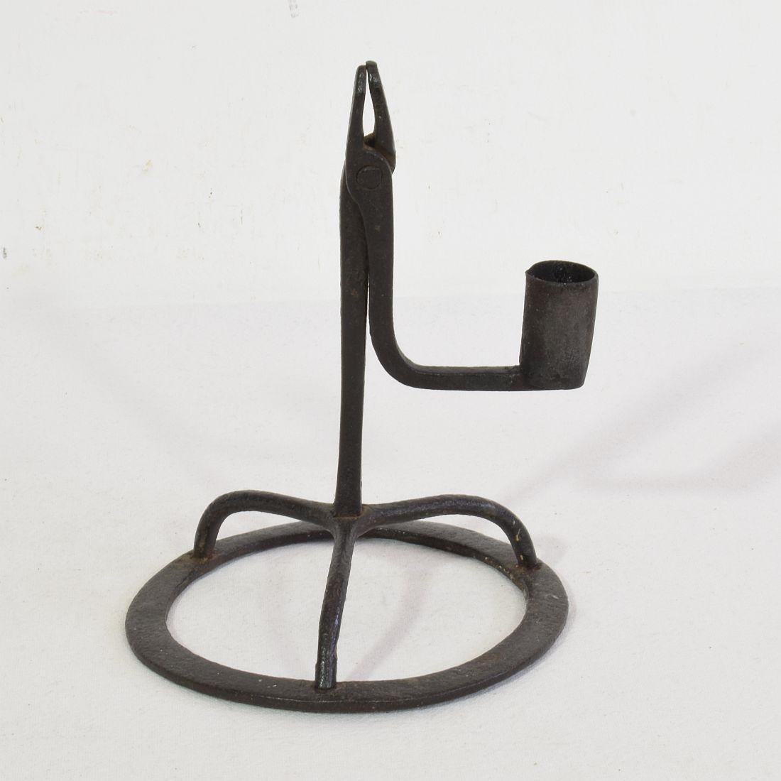 French Provincial French, 17/ 18th Century Hand Forged Iron Candleholder For Sale
