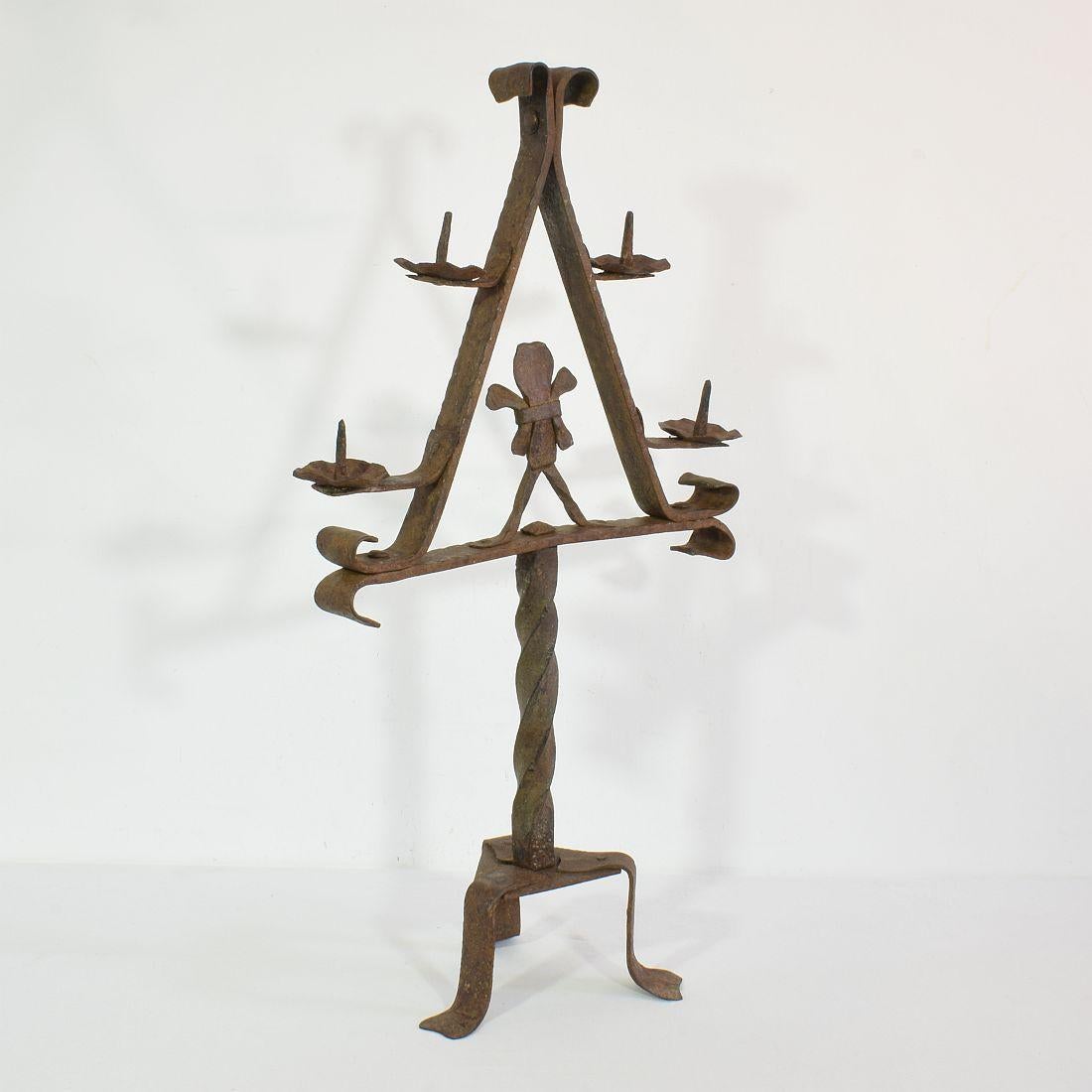 French Provincial French 17/18th Century Hand Forged Iron Candleholder For Sale