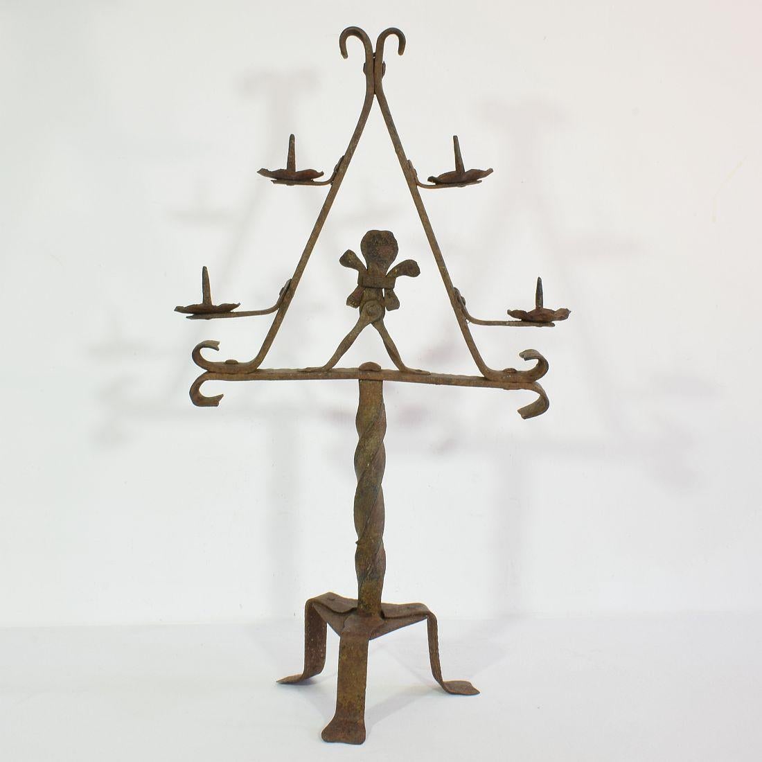 18th Century and Earlier French 17/18th Century Hand Forged Iron Candleholder For Sale