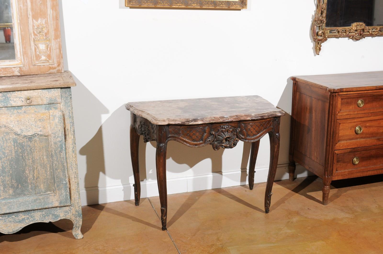 18th Century French 1720s Régence Period Walnut Console Table with Original Marble Top For Sale