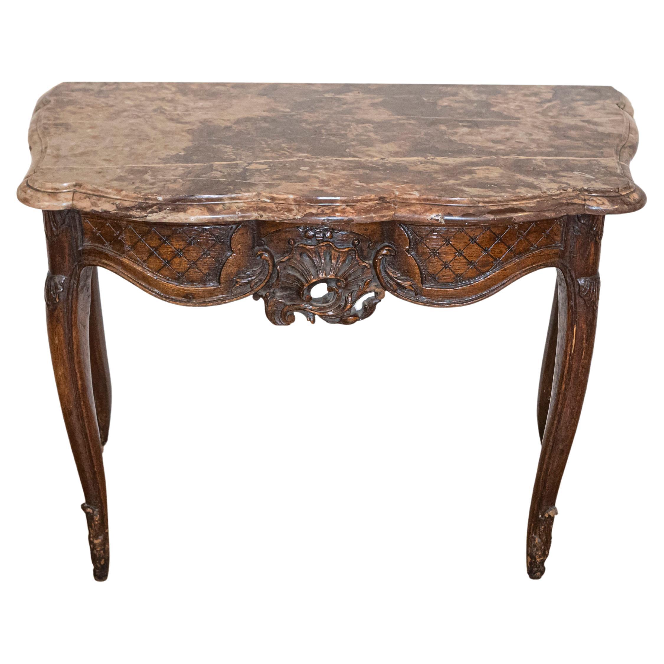 Tavolo consolle in noce francese del periodo Régence del 1720 con piano in marmo originale