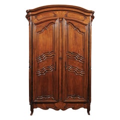 French 1730s Louis XV Walnut Armoire from the Rhône Valley with Floral Inlay