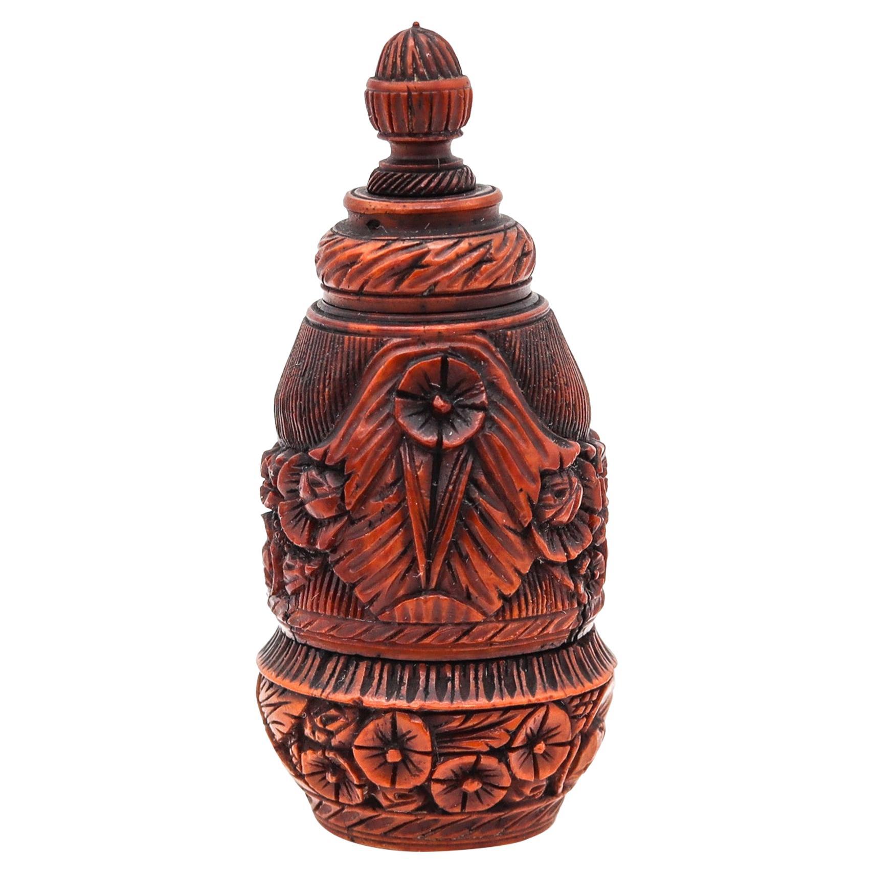 French 1750 Antique Double Compartment Pocket Snuff Flask Carved In Coquille Nut For Sale