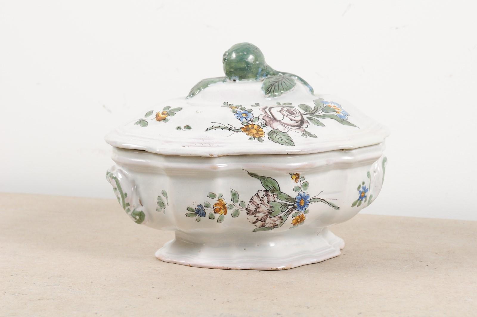 Louis XV French 1750s Faience Oval Shaped Soup Tureen from Bordeaux with Floral Decor