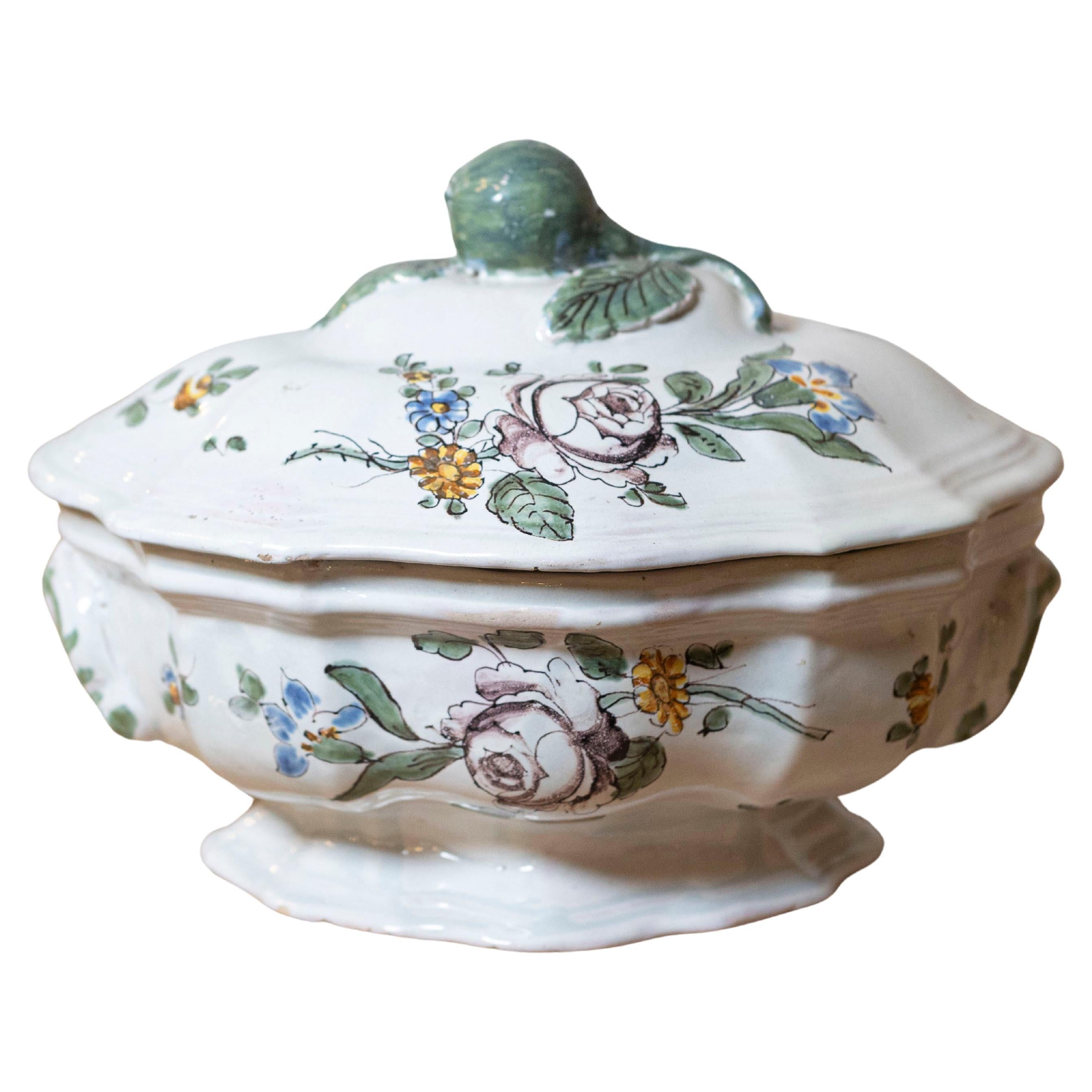 French 1750s Faience Oval Shaped Soup Tureen from Bordeaux with Floral Decor