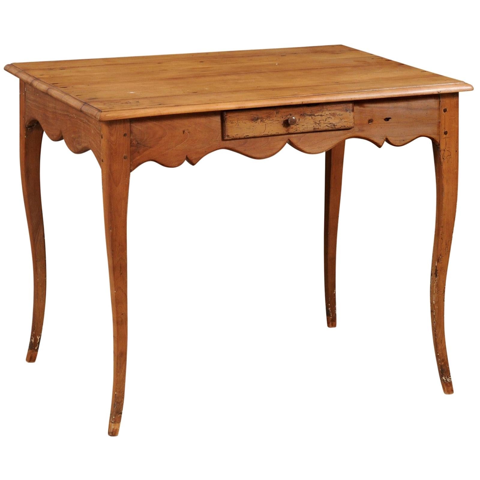 French 1750s Louis XV Period Cherry Table with Single Drawer and Scalloped Apron