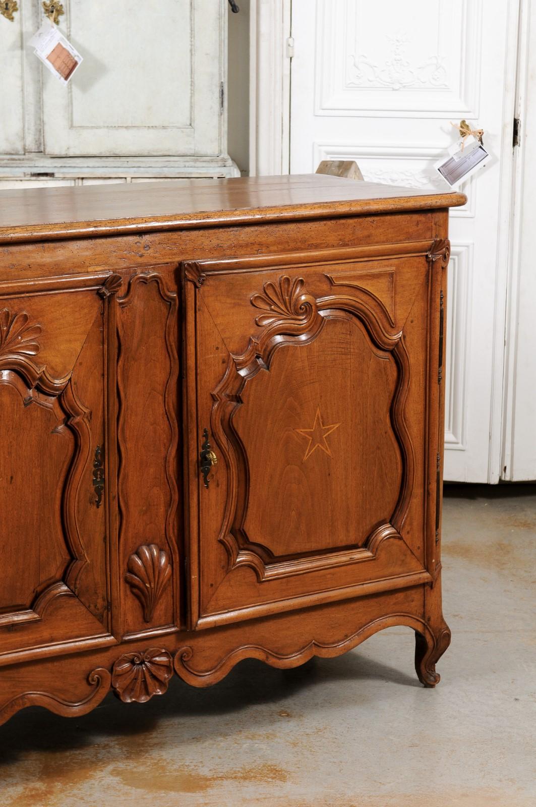 18th Century French 1750s Louis XV Period Walnut Buffet with Star Inlay and Carved Shells For Sale