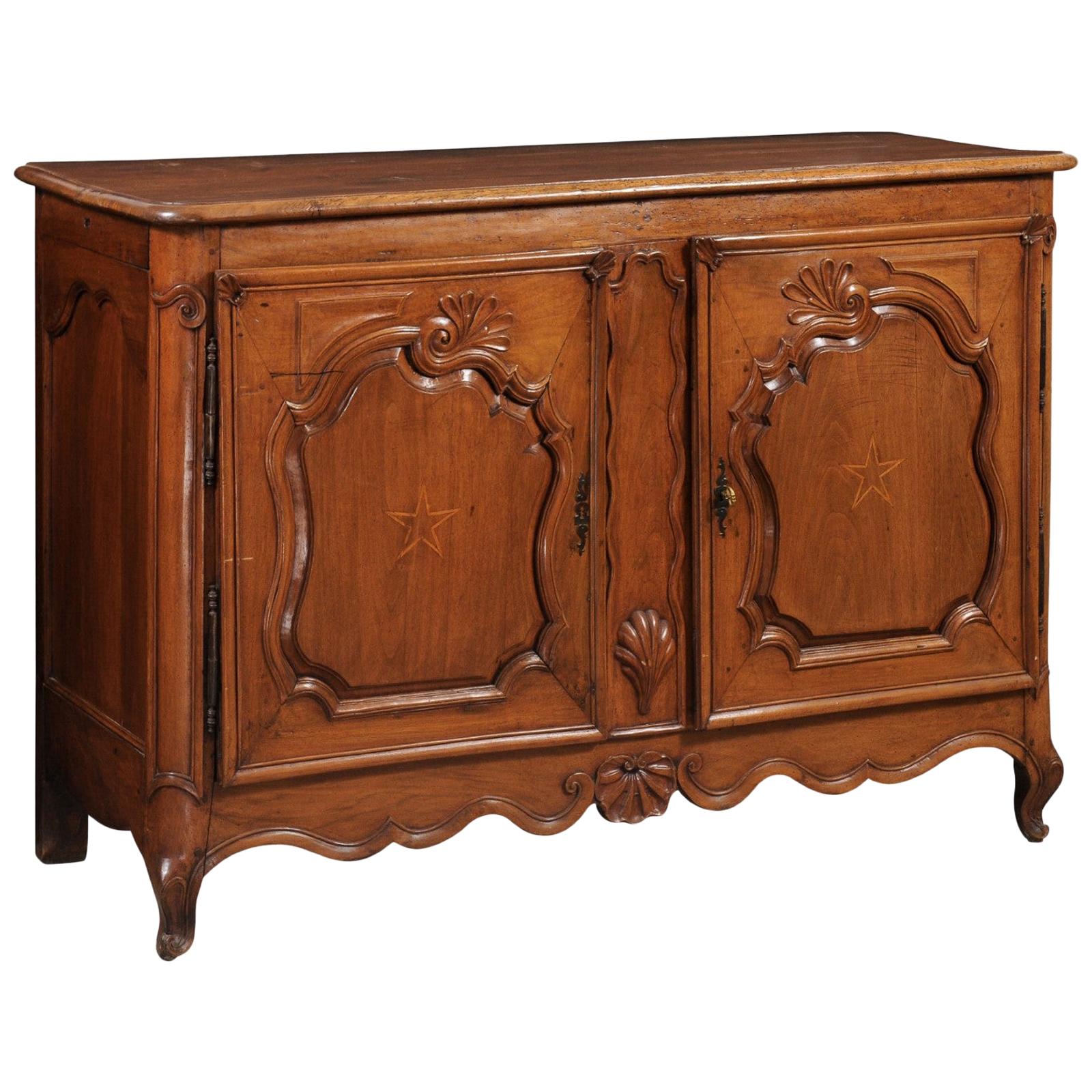 French 1750s Louis XV Period Walnut Buffet with Star Inlay and Carved Shells For Sale
