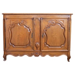 French 1750s Louis XV Period Walnut Buffet with Star Inlay and Carved Shells