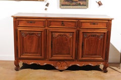 French 1750s Louis XV Period Walnut Enfilade with Inlaid Star and Carved Doors