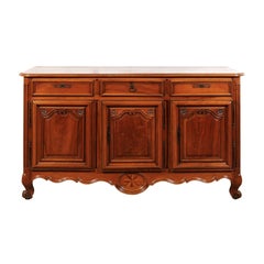French 1750s Louis XV Period Walnut Enfilade with Inlaid Star and Carved Doors