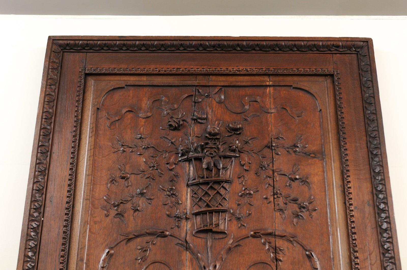 French 1750s Oak Trumeau Mirror with Large Carved Rinceaux and Floral Bouquet For Sale 6