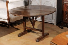 French 1750s Round Tilt-Top Wine Tasting Table with Trestle Base and Wedge