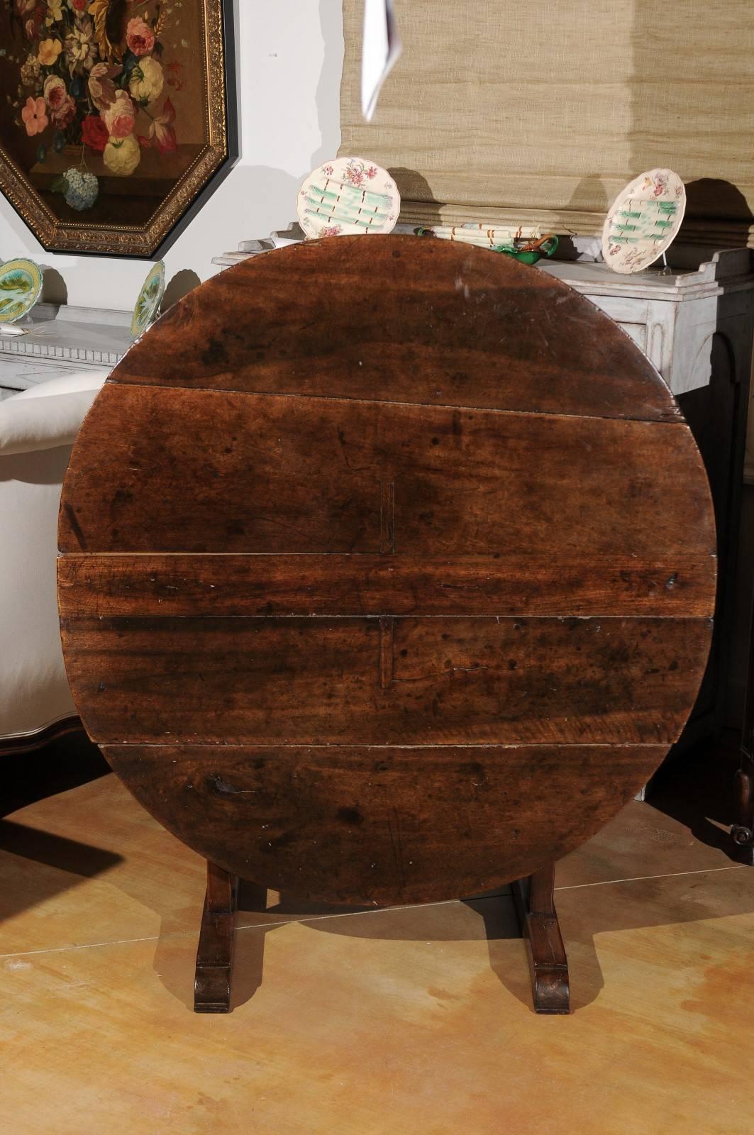 18th Century French 1750s Round Tilt-Top Wine Tasting Table with Trestle Base and Wedge