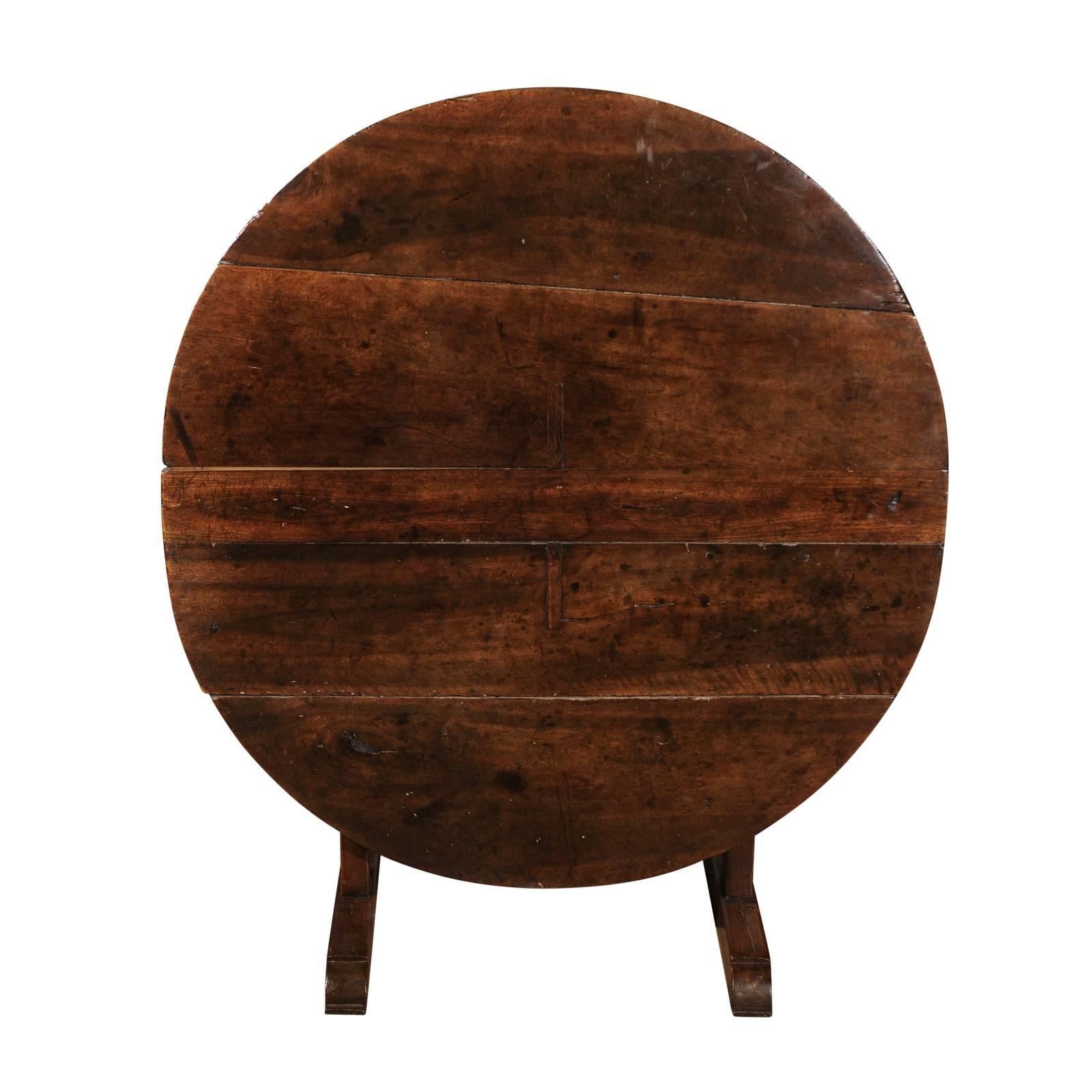 French 1750s Round Tilt-Top Wine Tasting Table with Trestle Base and Wedge