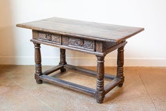 French 1750s Walnut Library Table with Carved Drawers and Original Hardware