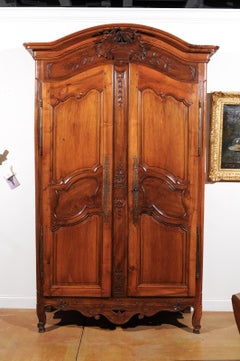 French 1770s Louis XV Cherry Armoire from Provence with Basket and Kissing Doves