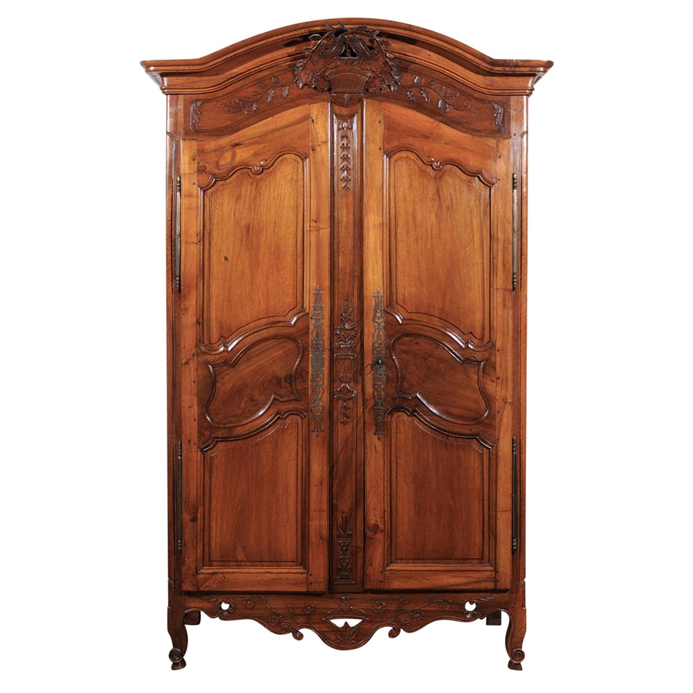 French 1770s Louis XV Cherry Armoire from Provence with Basket and Kissing Doves