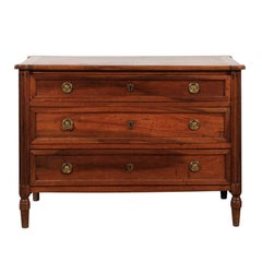French 1770s Louis XVI Period Walnut Three-Drawer Commode with Fluted Side Posts
