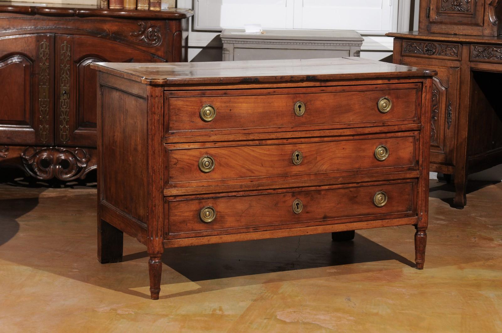 18th Century French 1770s Louis XVI Walnut Three-Drawer Commode with Fluted Accents