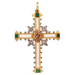 Antique FRENCH 1775 Enameled Cross of Saint Louis In 18Kt Gold With Diamonds And Emerald