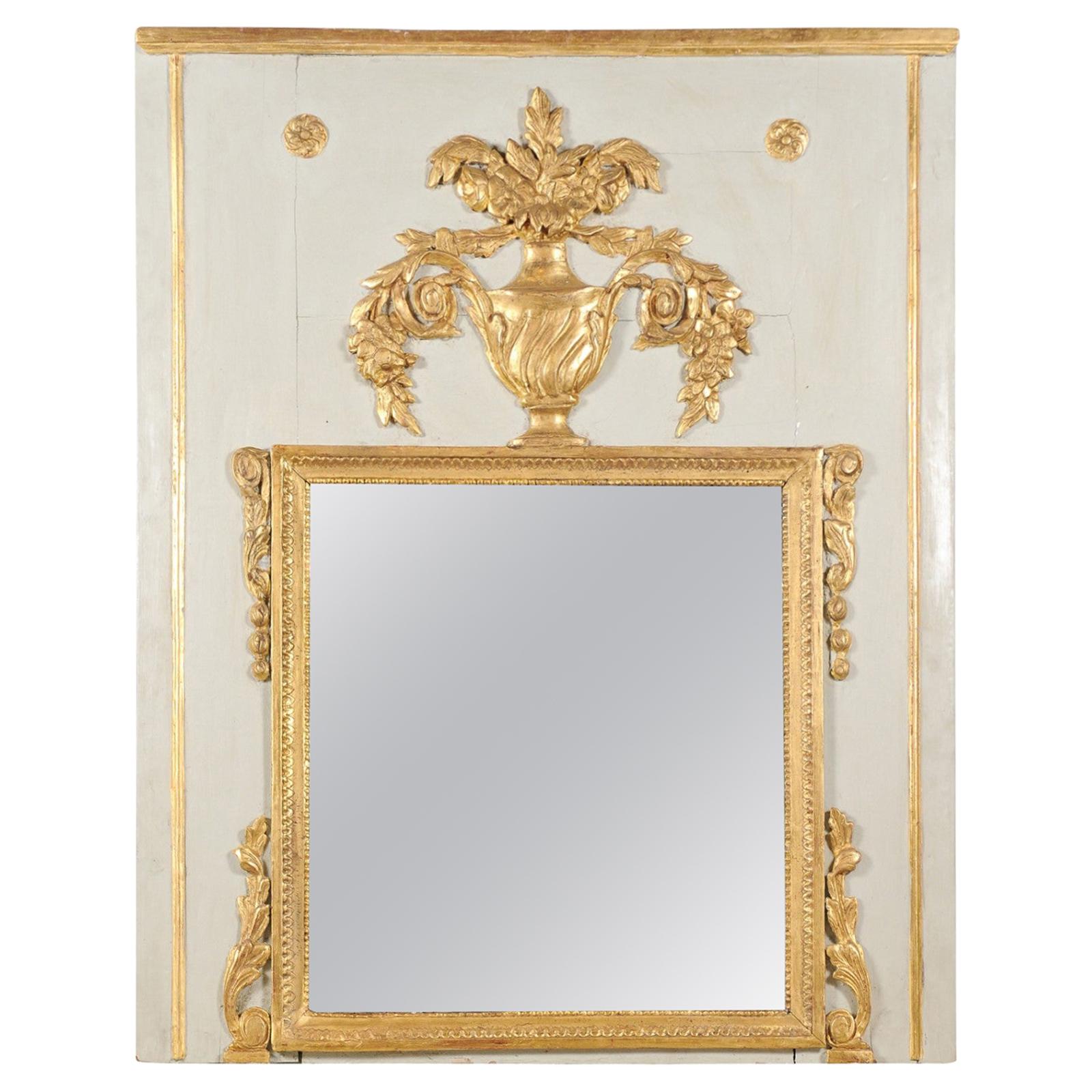 French 1775 Transition Period Painted and Gilt Trumeau Mirror with Carved Urn For Sale