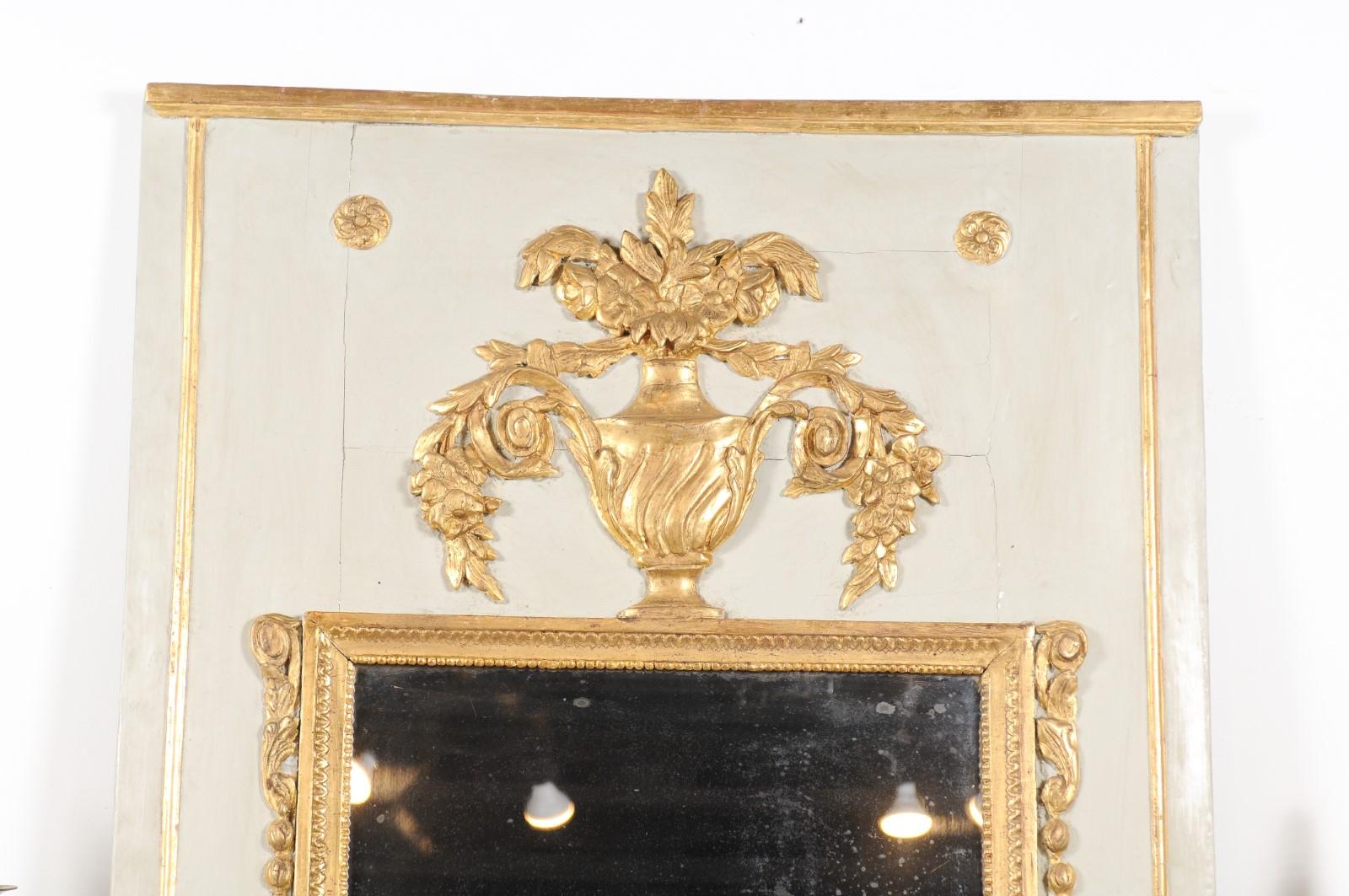 18th Century French 1775 Transition Period Painted and Gilt Trumeau Mirror with Carved Urn For Sale